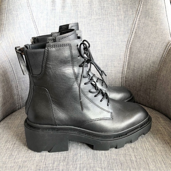NWOT ASH Moody black leather lace up rear zipper chunky lug sole ankle boots 8 - Picture 1 of 15
